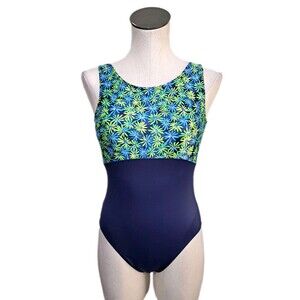 GK Elite VTG Floral Colorblock Tank Leotard Navy Blue Lime Green Size AL Adult L